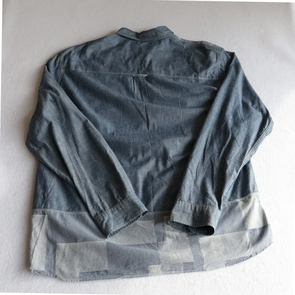 True Religion Mens Patchwork Chambray Denim Button Down Shirt Slim 3XL Blue